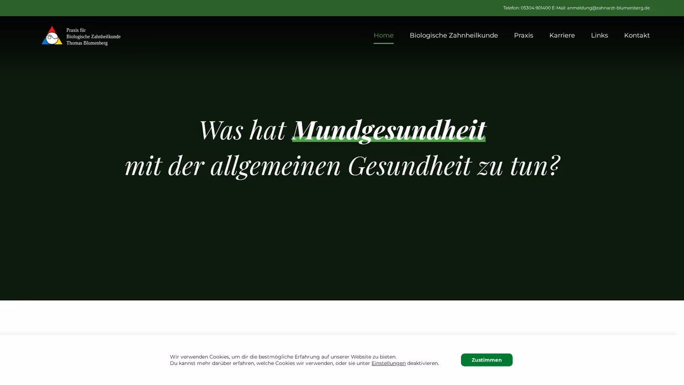 Screenshot der Website von Zahnarztpraxis Blumenberg